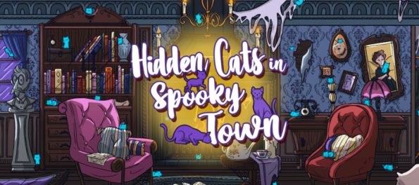 The Hidden Cats in Spooky Town logo is overlaid a spooky living room filled with cat ghosts.