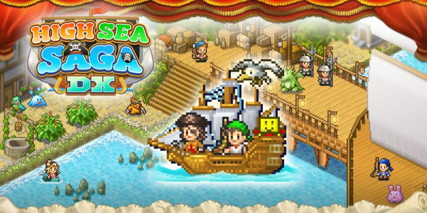 Title image for High Sea Saga DX showing two pirates and Kairobot on a galleon, with various monsters and characters on the surrounding harbour.