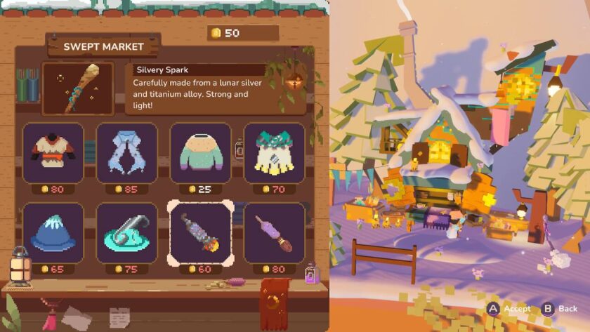 Shop menu, showing clothes, hats and brooms. Published on LadiesGamers