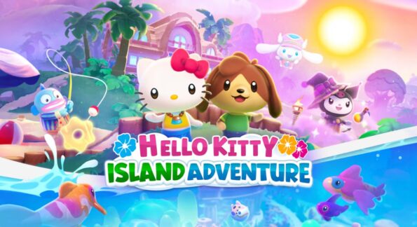 Title of Hello Kitty Island Adventure in bright colourful letters, with Hello Kitty and other SANRIO characters swimming, fishing and playing on a beach and in the sea.