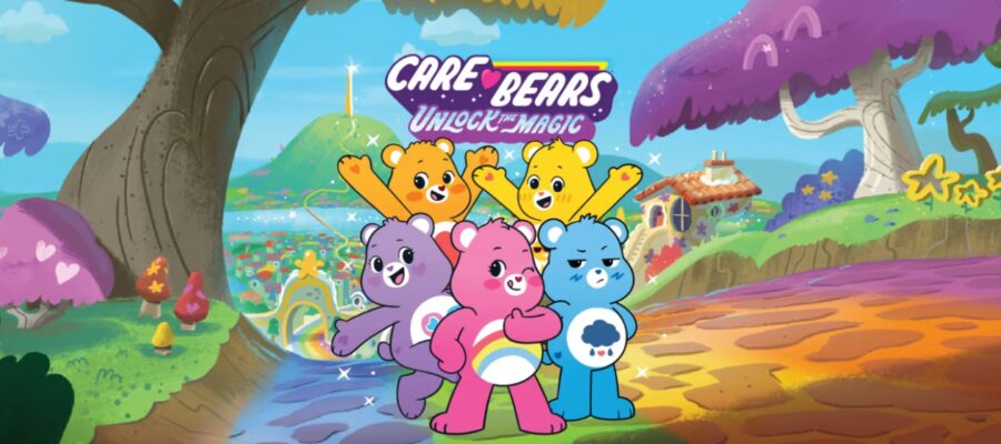 Promotional image for Care Bears: Unlock the Magic showing 5 of the Care Bears, including Cheer Bear and Tenderheart Bear in the bright, colourful world of Care-A-Lot. Published on LadiesGamers.