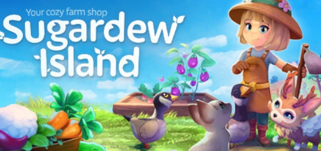 Promotional artwork for Sugardew Island, featuring a smiling female character in a farm setting with a straw hat and apron, holding a shovel. Around her are charming farm animals, including a purple pigeon and a mythical creature with feathers. The logo 'Sugardew Island' is prominent above, with the tagline 'Your cozy farm shop.' A lush farm landscape with crops and a blue sky backdrop completes the scene. Published on: LadiesGamers.