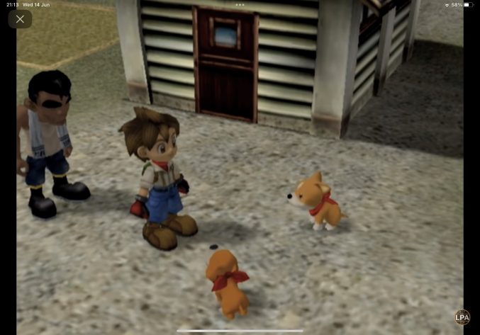 A screenshot of the original version of A Wonderful life, showing a boy and two dogs