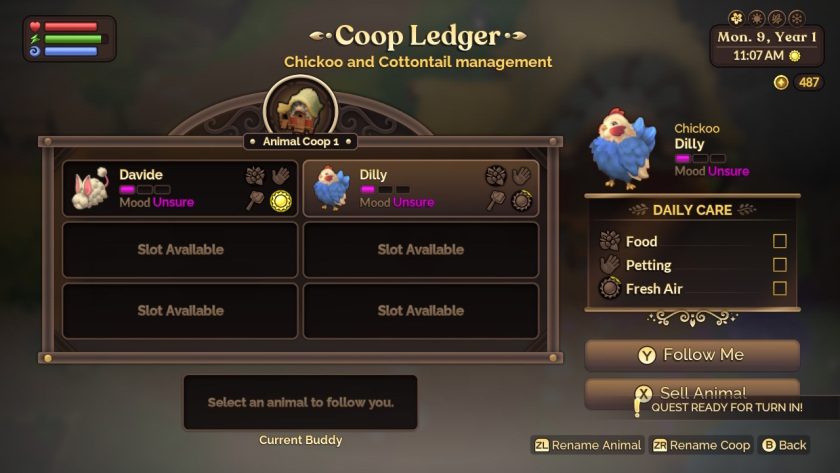 Coop ledger, where you register each animal in your care, a brown screen with a info block in the middle