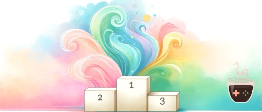 A whimsical and colorful illustration for The Best Of collection, featuring three podium-like blocks arranged in ascending order with the numbers 1, 2, and 3 on their visible sides. A swirl of vibrant, pastel-hued clouds bursts forth from behind the central block, flowing upwards and outward in a display reminiscent of both water and smoke, blending shades of blue, green, yellow, pink, and orange. The ethereal colors give the scene a dreamy, magical feel, as if celebrating a joyous occasion in the game. Published on: LadiesGamers.