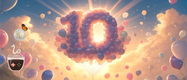 A picturesque scene marking LadiesGamers' 10 year anniversary, with the number '10' formed by a cluster of balloons in shades of purple and pink, floating in the sky amidst soft clouds and rays of sunlight. The balloons give the impression of gentle celebration and elevation. An icon similar to the previous image floats in the upper left corner, with a game controller-shaped cup and '10' in a speech balloon. Published on: LadiesGamers.