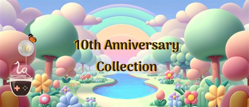 Promotional banner for the 10th Anniversary Collection, depicting a vibrant, pastel-colored fantasy landscape. The scene includes oversized, colorful trees, a sparkling blue river meandering through, and a rainbow arching in the sky. Various whimsical plants and flowers add to the dreamlike quality of the image. A celebratory balloon with the number "10" and an icon of a cup with a game controller symbol float on the left side, emphasizing the anniversary theme. Published on: LadiesGamers.
