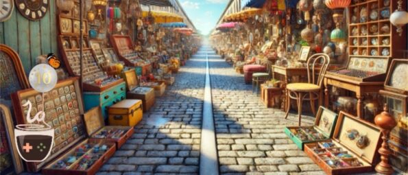 A flea market depicted with various articles