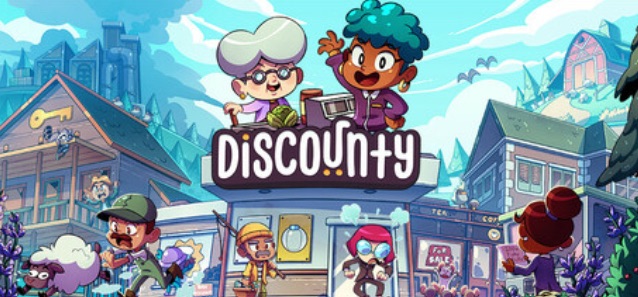 Promotional image for Discounty showing two characters above the shop name, with other buildings in the background and various characters running round. Published on LadiesGamers