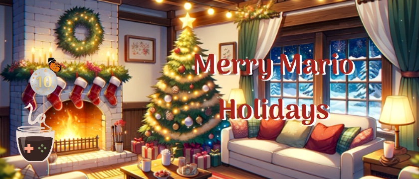 A cozy Christmas living room decorated with festive lights, stockings hanging on a brick fireplace, and a glowing Christmas tree adorned with ornaments and a golden star. Snow is visible outside the window, and a plush white couch is topped with colorful pillows. Text reads "Merry Mario Holidays" in red. A logo featuring a cup with gaming controls and a "10" balloon adds a celebratory touch. Published on: LadiesGamers.