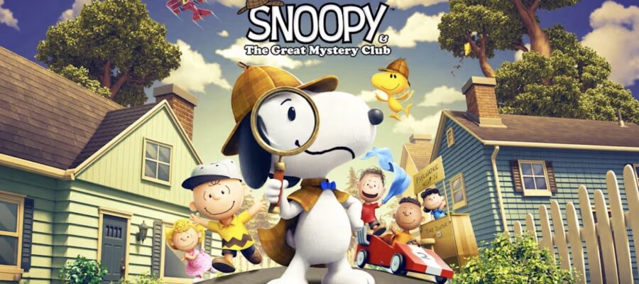 Promotional image for Snoopy & The Great Mystery Club showing Snoopy in a cloak and deerstalker hat, holding a magnifying glass, with the rest of the Peanuts gang behind him. Published on LadiesGamers.