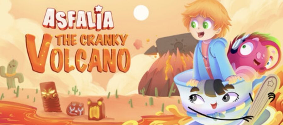 Promotional image for Asfalia: The Cranky Volcano showing Charlie in an anthropomorphic teacup with a volcano in the background. Published on LadiesGamers.