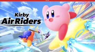 Promotional image for Kirby Air Riders showing Kirby riding a Warp Star, with Bandana Waddle Dee challenging Meta Knight in the background. Published on LadiesGamers.