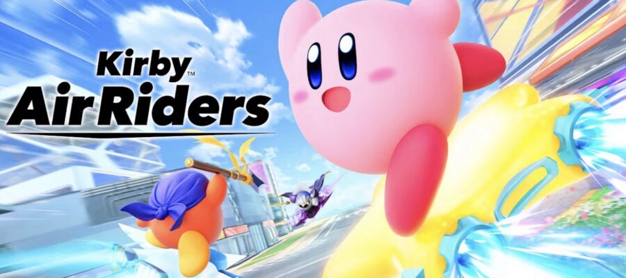 Promotional image for Kirby Air Riders showing Kirby riding a Warp Star, with Bandana Waddle Dee challenging Meta Knight in the background. Published on LadiesGamers.