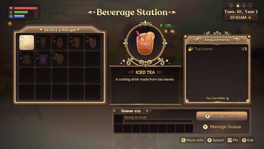 Fae Farm beverage screen
