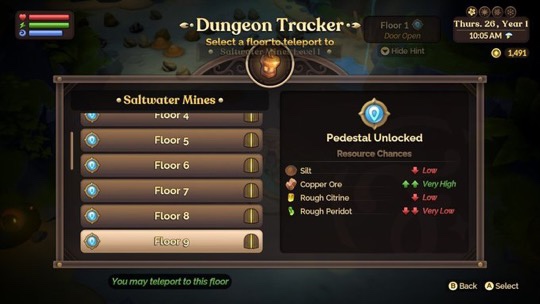 Dungeon tracker screen where you can warp to different levels in the mine.