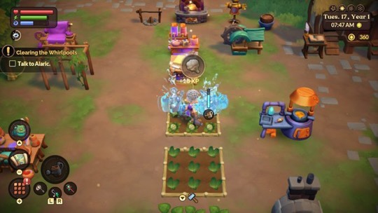image shows the character watering the crops