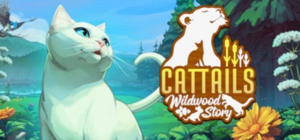 Cattails: Wildwood Story title images shows a white cat sitting in a forest