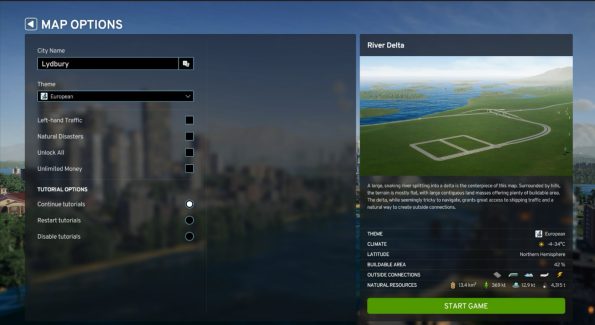 Map options screen with different gameplay options