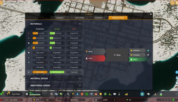 Production screen were you can check what your city is exporting and importing