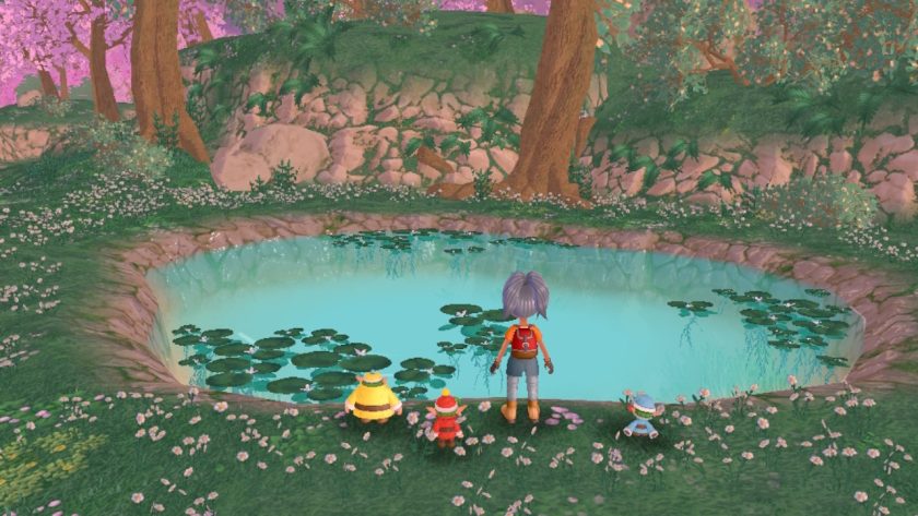 Little YvoCaro looks out over a pond with three coloured little men called sprites next to her