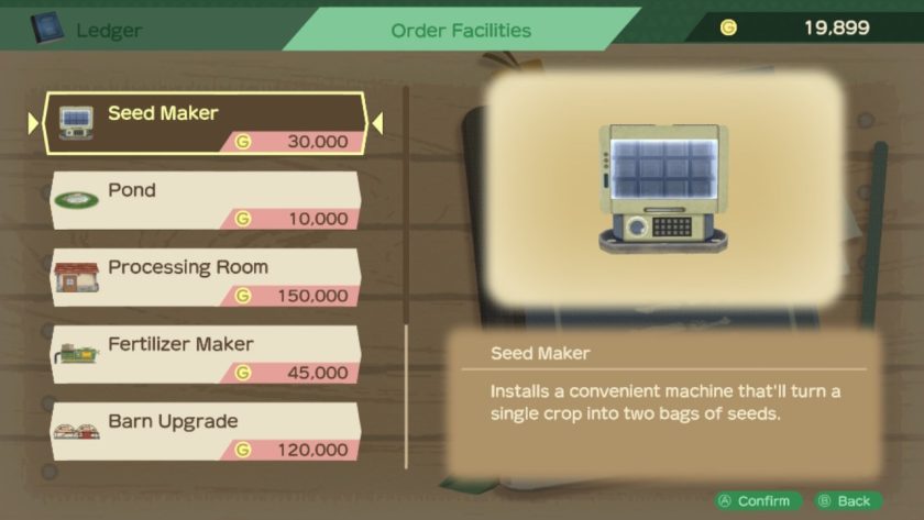 The ledger in which you can order production facilities like the seed maker for 30,000G