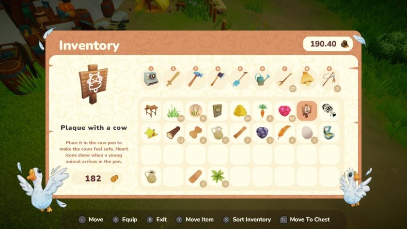 The inventory is shown, holding many things and most importantly, the cow plaque