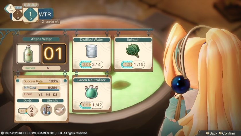 The synthesis screen of Altena Water. Marie needs Distilled Water, Spinach and Green Neutralizer. Plus it shows how many days it takes, how much MP and more info