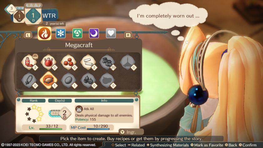 A screenshot of the synthesis menu. We see the details for a Mega Craft