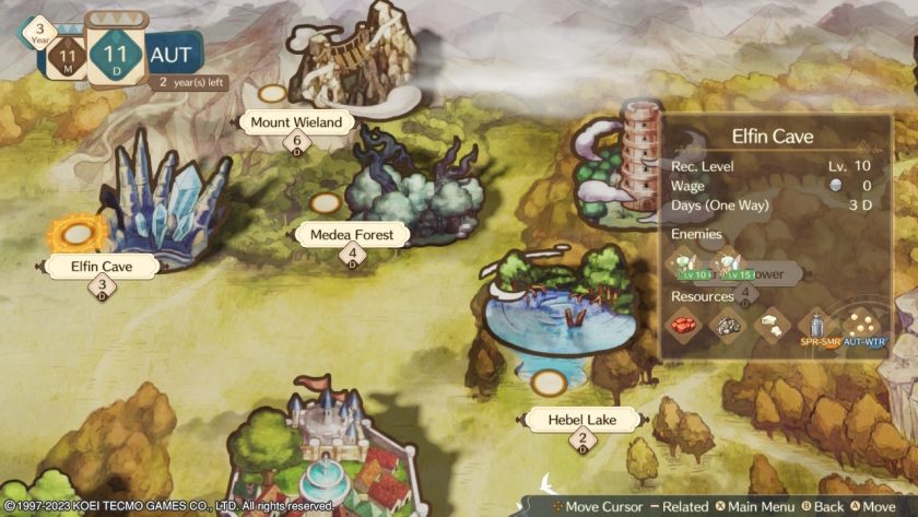 We see the overworld with the locations to explore in miniature. Elfin Cave has details depicted.