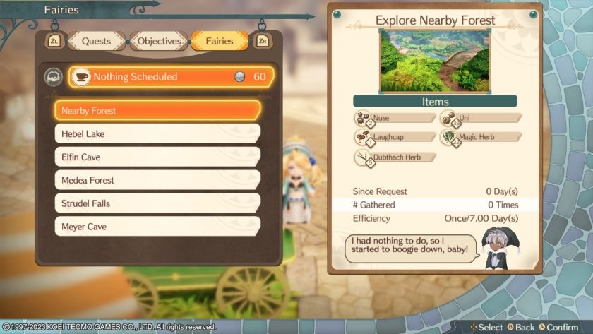 The command screen to set the Fairy you hired to work. You can choose in which area he must gather.