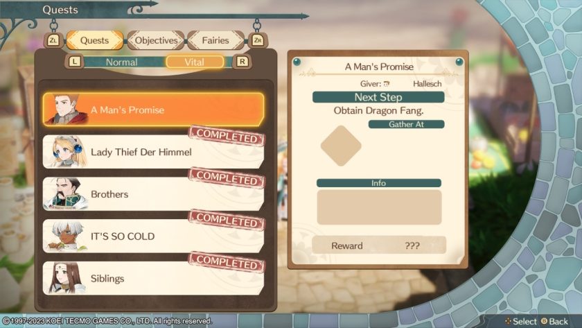 The Agenda, with an overview of the Quests. There's one quest open, the others have been completed.