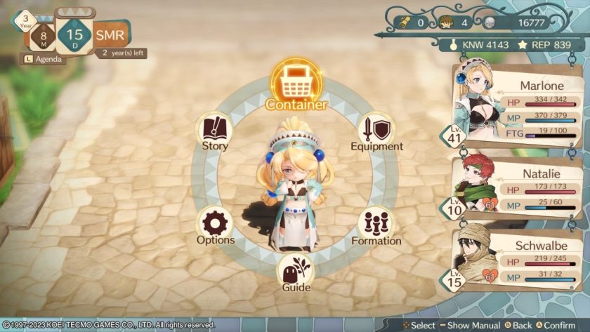 The menu under X, where Marie can choose Container, Equipment, Formation, Guide, Options and Story. It also shows the hired team.