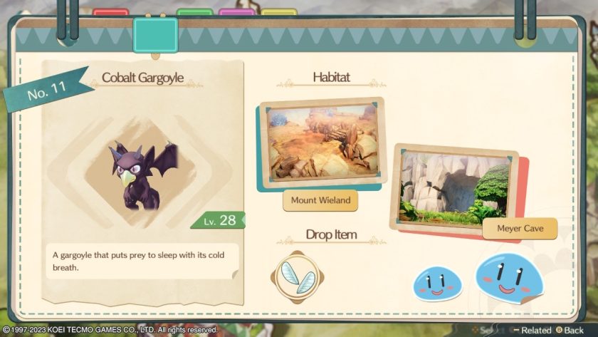 From the guide in the game, we see the info about one of the monsters, the Cobalt Gargoyle. We see its habitat, level and drop item