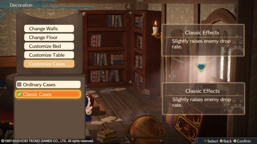 We see the Atelier, where you can choose to decorate walls, floor, bed, table and crates. It has an effect in battle or exploration too