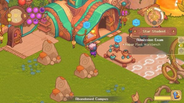 A detailed scene from Bandle Tale: A League of Legends, depicting an 'Abandoned Campus' with a Yordle character standing near a task list. The in-game HUD displays a quest log with objectives like 'Star Student' and 'Admission Exam,' and a prompt to 'Repair Flask Workbench.' The campus features whimsical architecture, with a large, snail-shell-like building and various magical items scattered around. It's a bright, sunny day in the game, highlighting the fantastical elements of the Yordle's environment. Published on: LadiesGamers