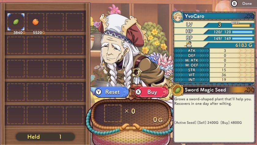 Mayor Wells is selling the Magic seeds, the price is shown and how much G (gold) the protagonist has