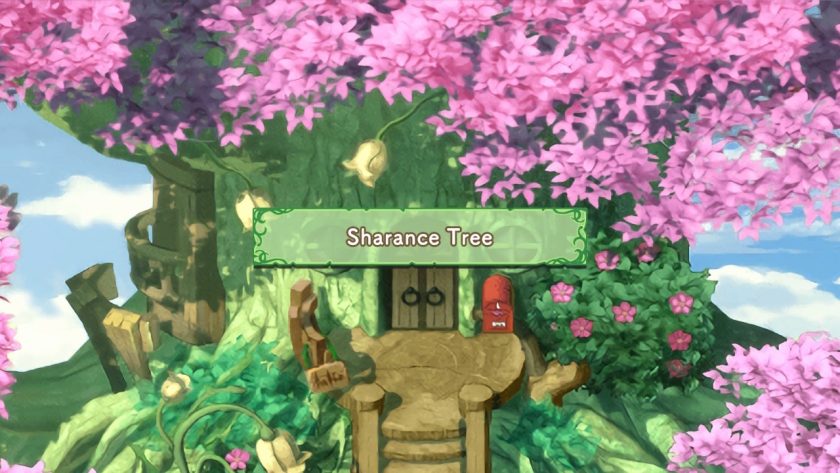 The Sharance Tree, a beautiful sight with pink blooms all around and a rustic door.