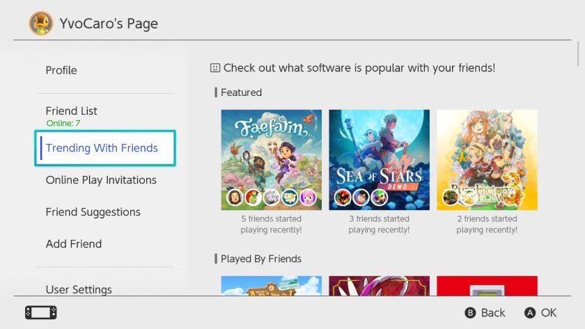 image of friends page from the Nintendo Switch