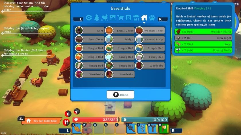 The ZR button triggers the building screen. These are the essentials you can make and most importantly on the list: the chests.