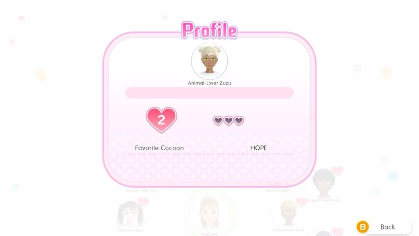 The profile of one of the in-game muses and her heart level of 2
