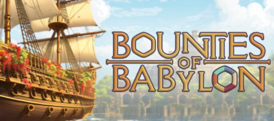 Promotional artwork for 'Bounties of Babylon', featuring a grand sailing ship adorned with vibrant flowers on the foreground, set against a backdrop of what appears to be an ancient city with classical architecture. The title's font evokes a sense of adventure and exploration, possibly indicating a game focused on nautical discovery or treasure hunting in a historical setting reminiscent of Babylonian times. The image hints at themes of exploration, trade, or perhaps conquest. Published on: LadiesGamers.