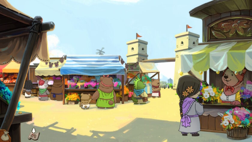A lively outdoor market scene with colorful stalls displaying vibrant flowers and produce. Anthropomorphic animals, including a bear vendor and various animal shoppers, wander the sandy marketplace under striped tents and banners. The atmosphere is cheerful and bustling in the warm sunlight. Published on: LadiesGamers.