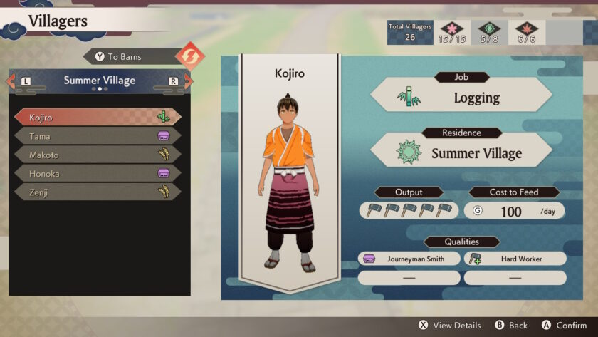 A menu screen of Rune Factory: Guardians of Azuma showing villager details for a character named Kojiro, a logger from Summer Village. He’s depicted wearing an orange top and dark pink patterned hakama. Stats show his qualities as “Journeyman Smith” and “Hard Worker,” with daily upkeep listed. Published on: LadiesGamers