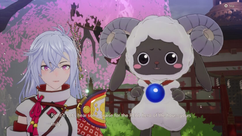 A close-up dialogue scene of Rune Factory: Guardians of Azuma featuring a silver-haired character in a white and red outfit standing next to a cute, anthropomorphic ram character with large curled horns and a fluffy body. Pink cherry blossoms fill the background as the ram exclaims, “Right?! Let’s hear some praise for the REAL hero of the hour—yours truly!” Published on: LadiesGamers
