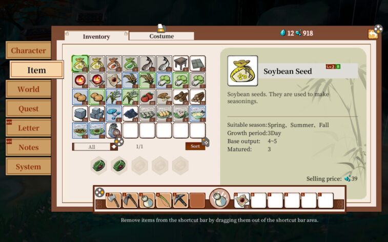 The item tab in the menu, showing everything YvoAro has in her pockets