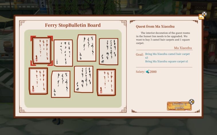 The Ferry Stop Bulletin board, with 8 requests from villagers