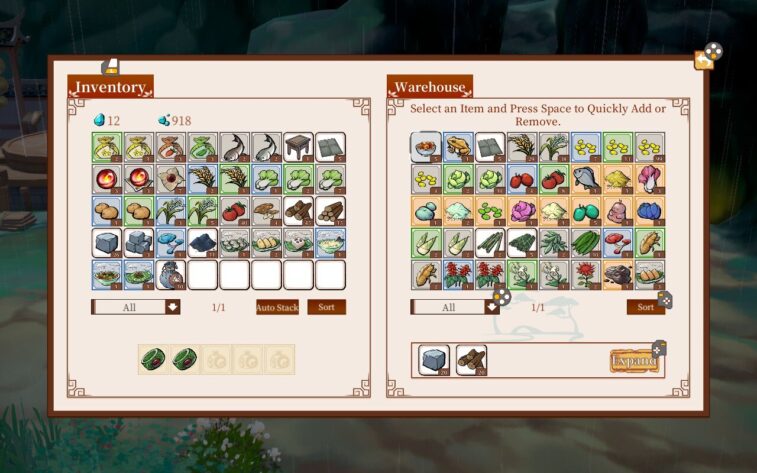 A screen showing the inventory and everything in the warehouse, allowing to move items between them