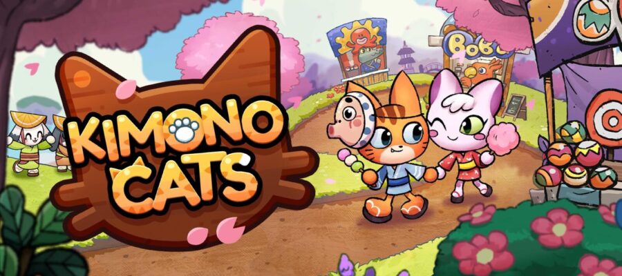 Promotional image for Kimono Cats showing two cats walking hand in hand with mini-game stalls in the background. Published on LadiesGamers.