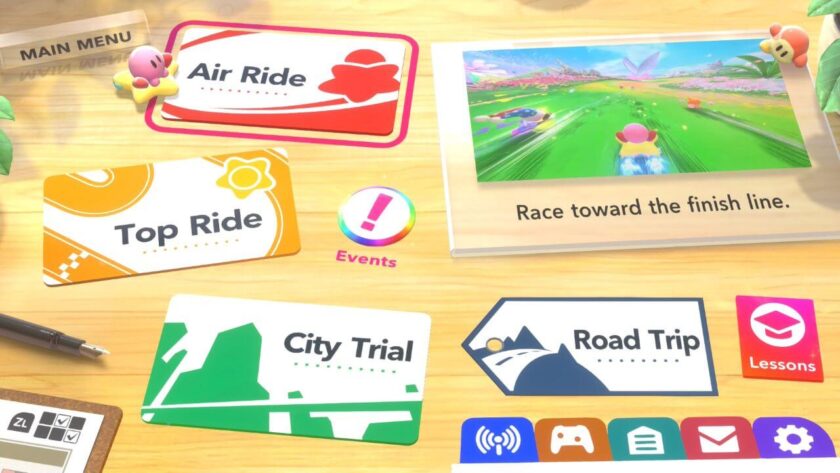 The main screen in Kirby Air Riders, showing the different race types, lessons and options. Published on LadiesGamers